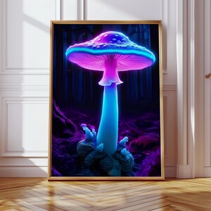 Neon Mushroom Forest Print: Psychedelic Fantasy Wall Art