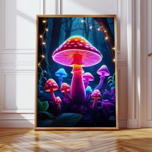 Magischer Neon Pilzwald Wandkunst - Psychedelischer leuchtender Fliegenpilz für Fantasy, Cottagecore oder Trippy Room Decor