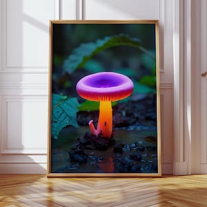 Neon Lila und Orange Pilz Wandkunst – Psychedelisch leuchtender Wald Print für Trippy Nature oder Fantasy Decor