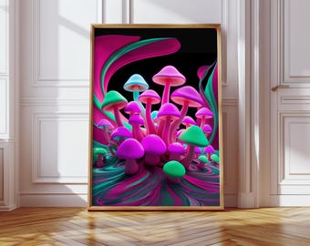 Neonowe grzyby – wydruk artystyczny: psychodeliczny wystrój akademika