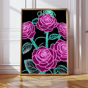 Lámina de pared con rosas de neón: póster floral en rosa intenso y verde azulado para dormitorio, salón, habitación juvenil o galería, decoración floral vibrante.