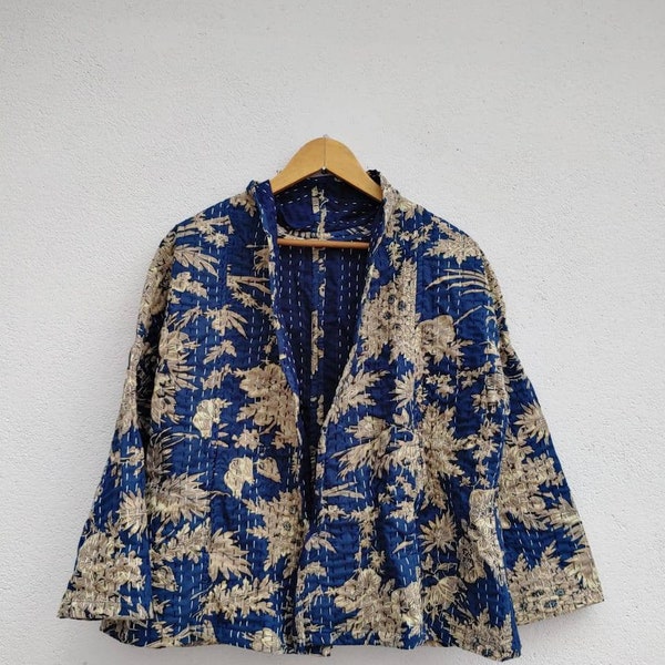 Nouveau kimono court matelassé indigo kantha femmes porter vintage manteau festival mode tissu de coton fait à la main