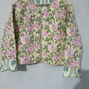 Indian HandBlock Print Fabric Quilted Jacket Short kimono Women Wear New Style Sky Blue Flower Coat