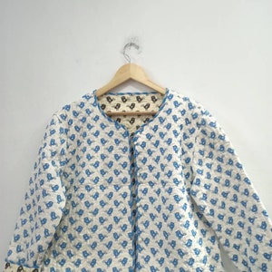 Indian HandBlock Print Fabric Quilted Jacket Short kimono Women Wear New Style Sky Blue Flower Coat