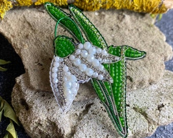 Handmade Snowdrop Brooch: White Beaded Flower Pin