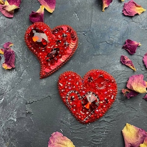 Handmade Beaded Heart Brooch: Red Rhinestone Leather Pin