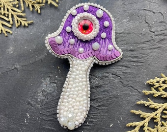 Handmade Beaded Mushroom Brooch: Psychedelic Rhinestone Pin