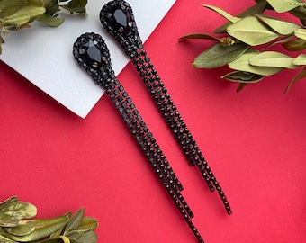 Rhinestone Fringe Earrings: Black Crystal Tassel Waterfall Design