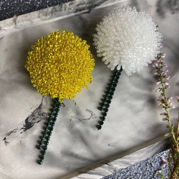 Handmade Beaded Dandelion Brooch: Rhinestone Pin