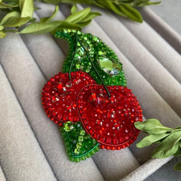 Cherry brooch, Cherry pin, Cherry jewelry, embroidered brooch, fruit brooch