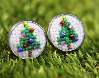 Dainty Christmas Tree Earrings, Holiday Jewelry Gift for Her, Miniature Embroidery Art