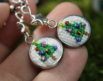 Dainty Christmas Tree Earrings, Holiday Jewelry Gift for Her, Miniature Embroidery Art