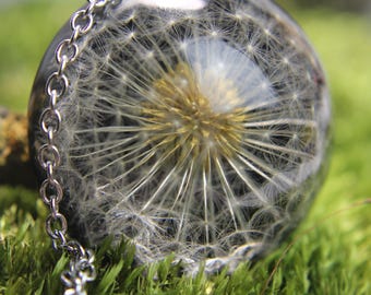Real Dandelion Resin Pendant Necklace: Handmade Dried Flower Jewelry