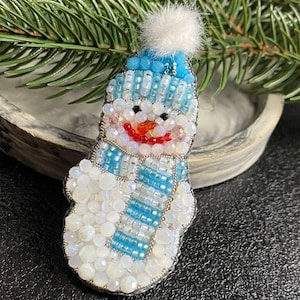 Handmade Beaded Snowman Brooch: Winter Holiday Pin