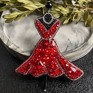 Handmade Red Dress Brooch: Beaded Rhinestone Pin