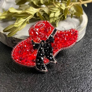 Red Hat Brooch Pin: Handmade Rhinestone Beaded Jewelry