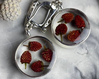 Real Strawberry Earrings,   Dried Fruit Resin Earrings,  Resin Strawberry Earrings, wild strawberry Earrings, cottagecore fruit earrings