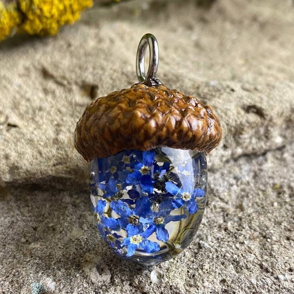 Acorn Pendant, Acorn Necklace with Forget me not, Real Flower Necklace, Acorn jewelry, Forget me not Resin
