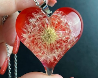 Dandelion Necklace Pendant, Dried Flower Necklace, Natural Dandelion, dandelion heart, resin heart