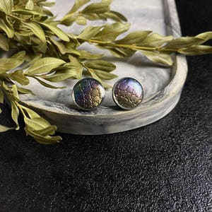 Peut inclure: Une paire de boucles d'oreilles iris&eacute;es avec un motif textur&eacute; g&eacute;om&eacute;trique. Les boucles d'oreilles sont rondes et ont un dos argent&eacute;.