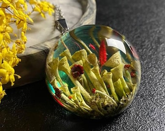 Handmade Cladonia Lichen Pendant: Real Dried Botanical Resin Necklace