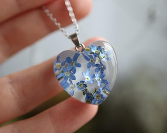 Forget-Me-Not Heart Necklace: Real Flower Resin Pendant, Botanical Jewelry