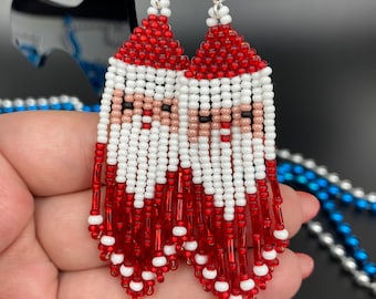Santa Claus Earrings, Seed Bead Fringe, Christmas Earrings, Beaded Holiday Jewelry