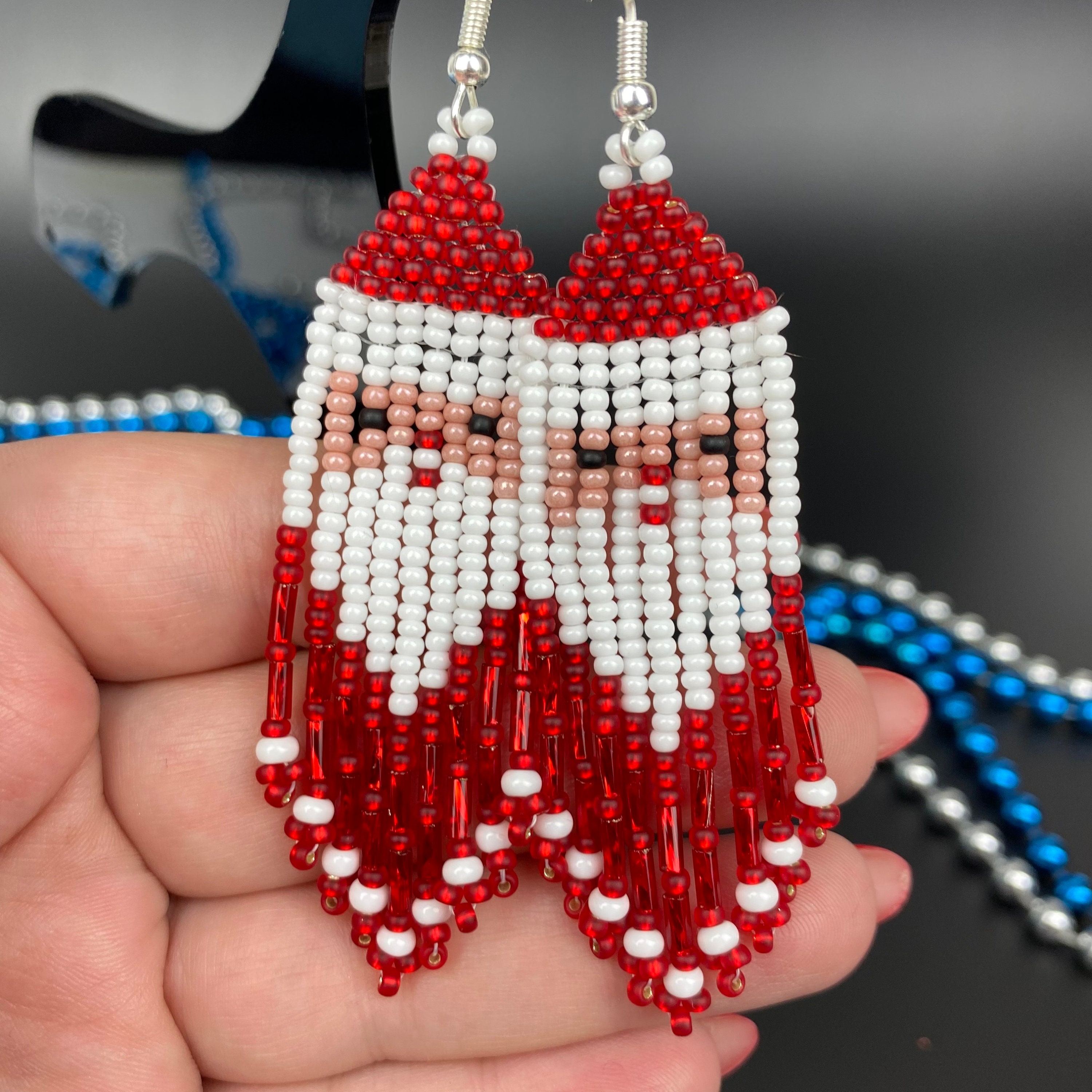 Santa Claus Earrings, Seed Bead Fringe, Christmas Earrings, Beaded