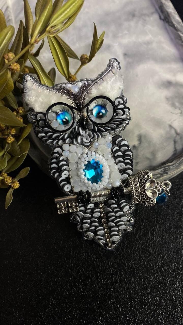 Beaded Owl Brooch Pin: Handmade Statement Bird Brooch