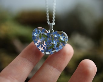 Forget-Me-Not Heart Necklace: Real Flower Resin Pendant, Botanical Jewelry