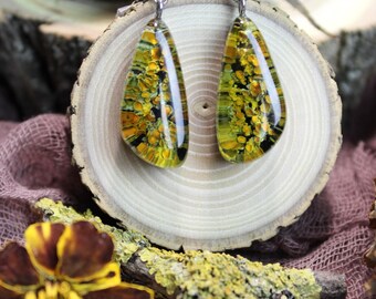 Lichen Drop Earrings: Real Forest Moss in Resin, Stainless Steel