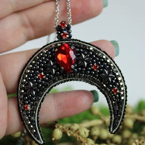 Gothic Crescent Moon Necklace: Red Crystal, Beaded Pendant