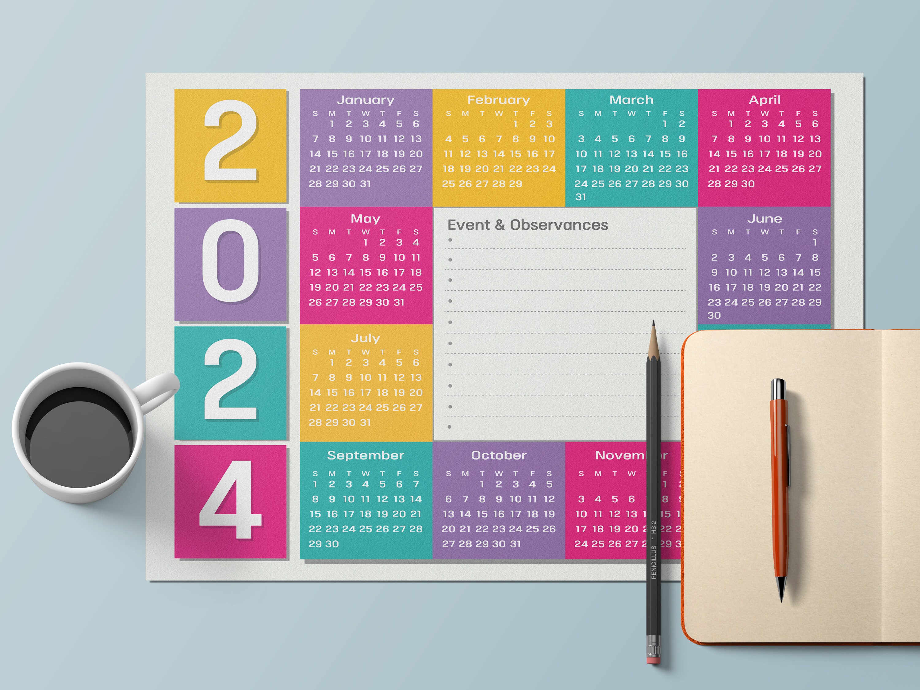 2024 Calendar Printable, Yearly Calendar,one Page Calendar, Year at a