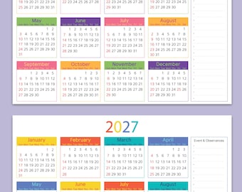 Colorful 2026-2027 Printable Calendar – Year At a Glance (PDF Download)