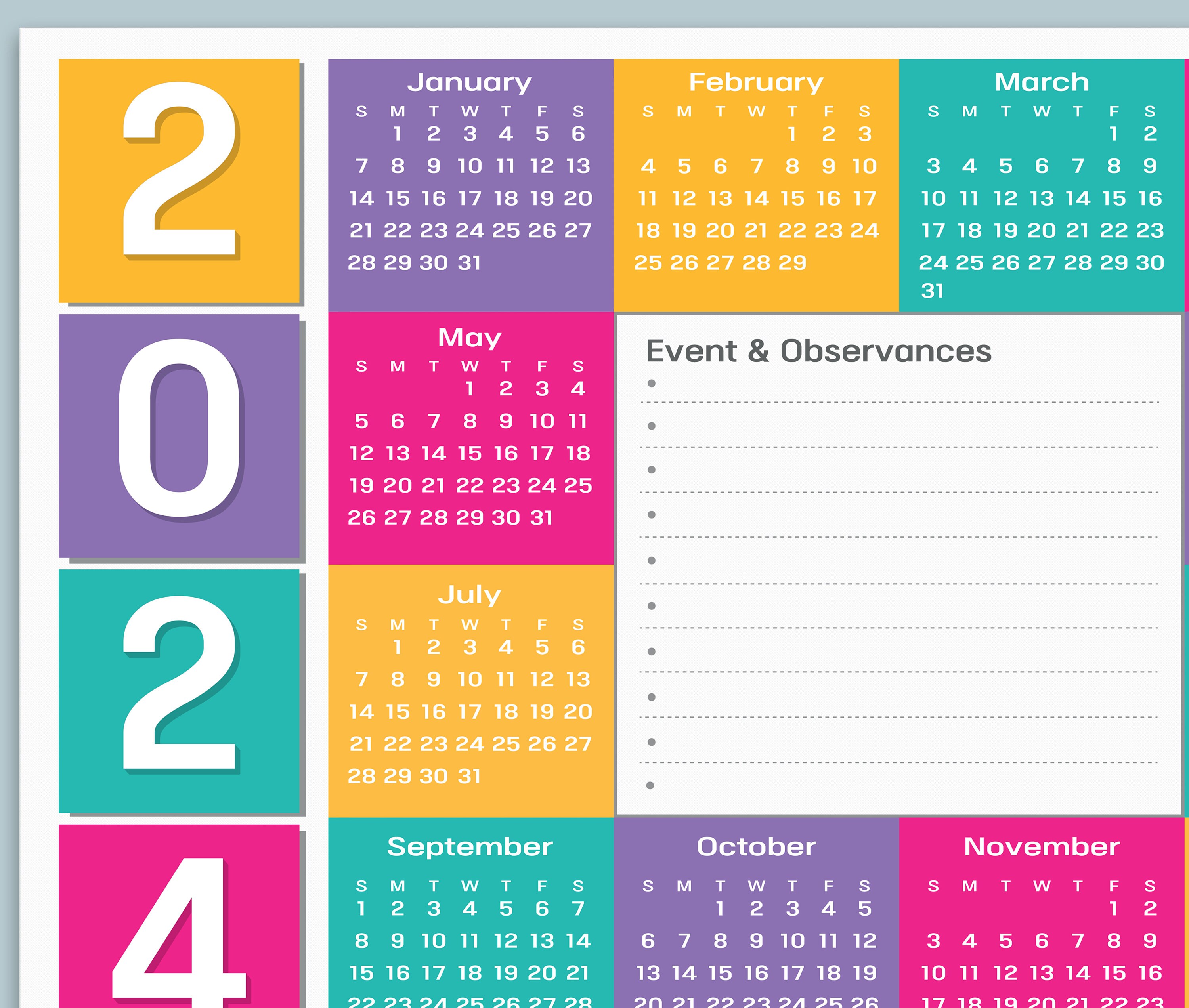 2024 Calendar Printable, Yearly Calendar,one Page Calendar, Year at a