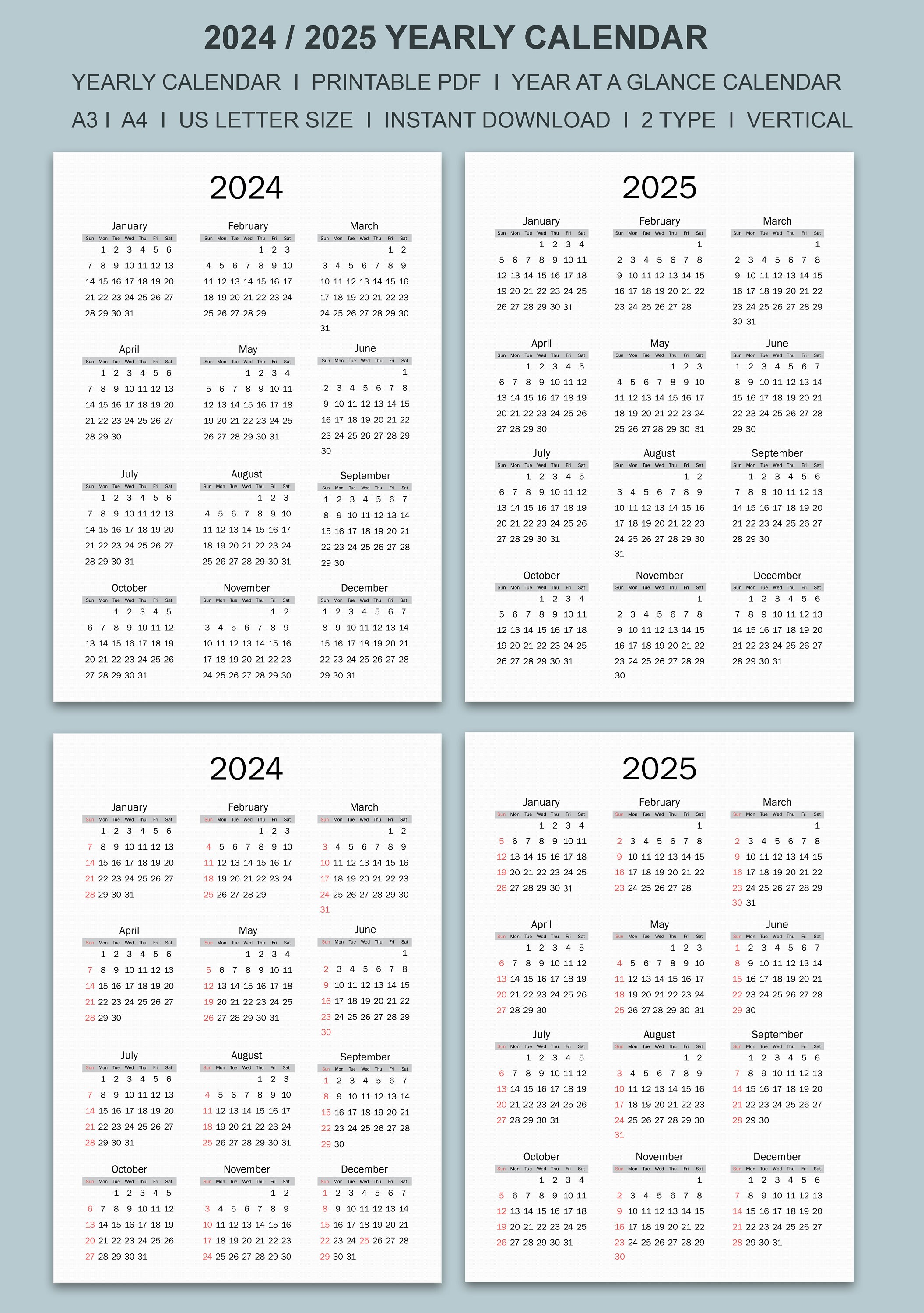 2024-25 Calendar Printable, Yearly Calendar, Minimalist Calendar ...