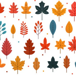 May include: A collection of colorful, stylized autumn leaves in various shapes and shades of red, orange, yellow, green, and blue. The leaves are arranged on a white background, with small dots scattered around them.
