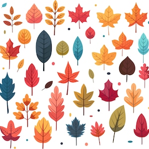 Könnte beinhalten: Ein Muster aus stilisierten Herbstblättern in verschiedenen Farben wie Rot, Orange, Gelb und Braun. Die Blätter, in unterschiedlichen Formen, sind auf weißem Hintergrund angeordnet, einige mit detaillierten Adern, passend zum Thema Herbst.