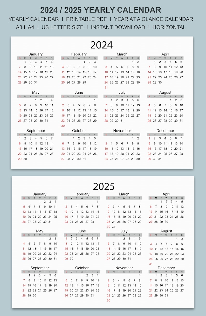202425 Calendar Printable, Yearly Calendar,one Page Calendar, Year at