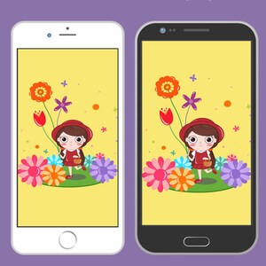 以下が含まれることがあります： 赤いドレスと帽子を着た女の子が花に囲まれた漫画の壁紙が2つのスマートフォンに表示されています。「Smart Phone Wallpaper」と「Instant Download」の文字が表示されています。