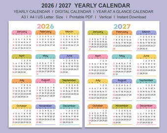 May include: A yearly calendar for 2026 and 2027, with a vertical layout. The calendar features monthly grids with dates and days, in a colorful design. The calendar includes the text "2026 / 2027 YEARLY CALENDAR".
