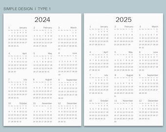 2024-25 Kalender zum Ausdrucken, Jahreskalender, Minimalistischer Kalender, Einfacher Kalender, Einseitiger Kalender