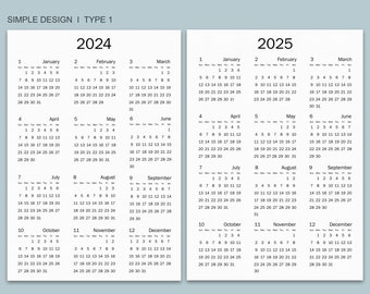 2024-25 Kalender zum Ausdrucken, Jahreskalender, Minimalistischer Kalender, Einfacher Kalender, Einseitiger Kalender