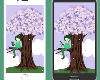 Girl on Tree Phone Wallpaper, Illustration Art (Digital Download)