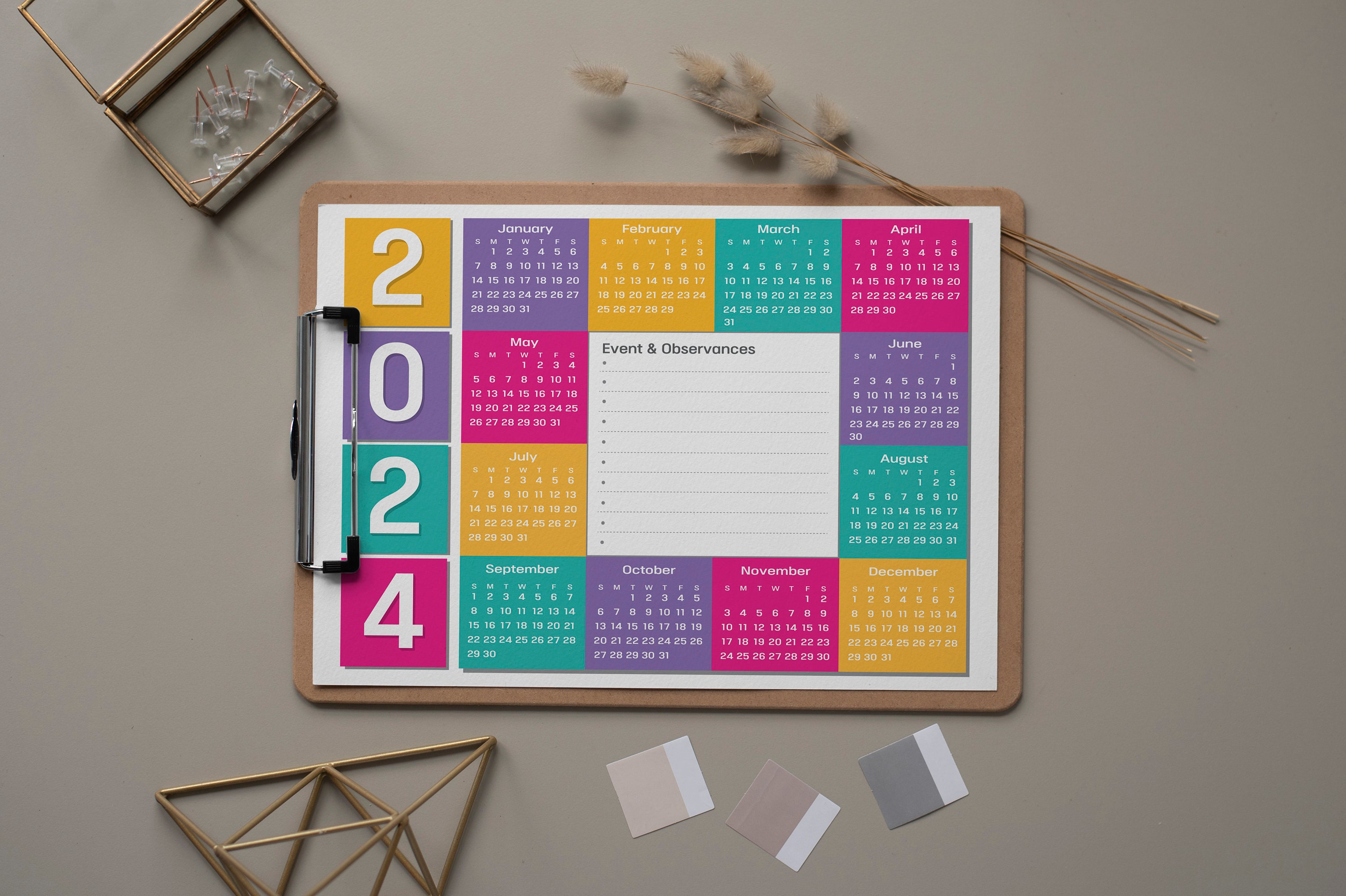 2024 Calendar Printable, Yearly Calendar,one Page Calendar, Year at a