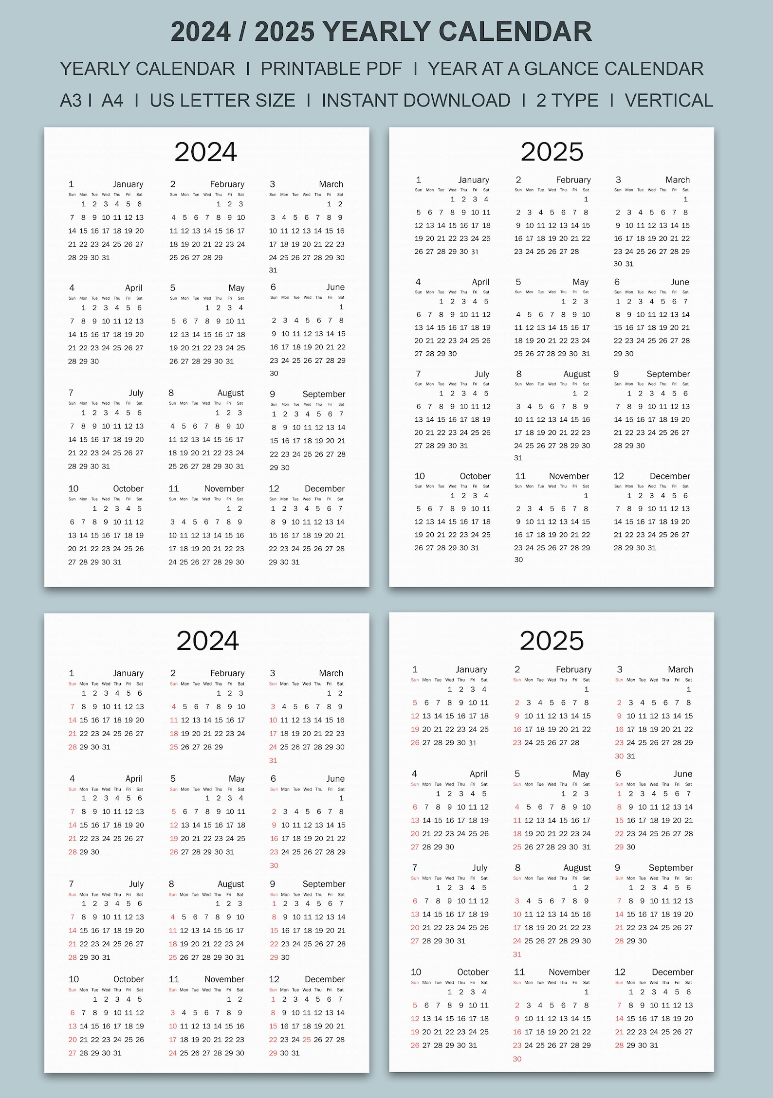 2024-25 Calendar Printable, Yearly Calendar, Minimalist Calendar ...