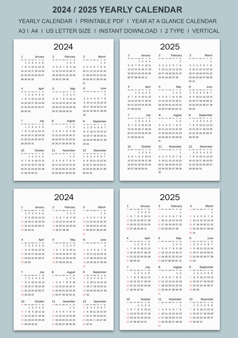 2024-25 Calendar Printable, Yearly Calendar, Minimalist Calendar ...