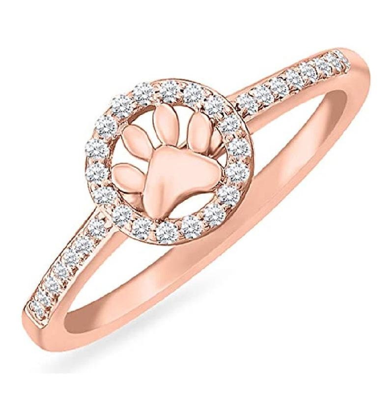 Animal Ring Round Cut Simulated Diamond Paw Print Ring in 14K Gold Plate Silver Pet Jewellery Paw Print Stacking Ring Pet Lovers Ring