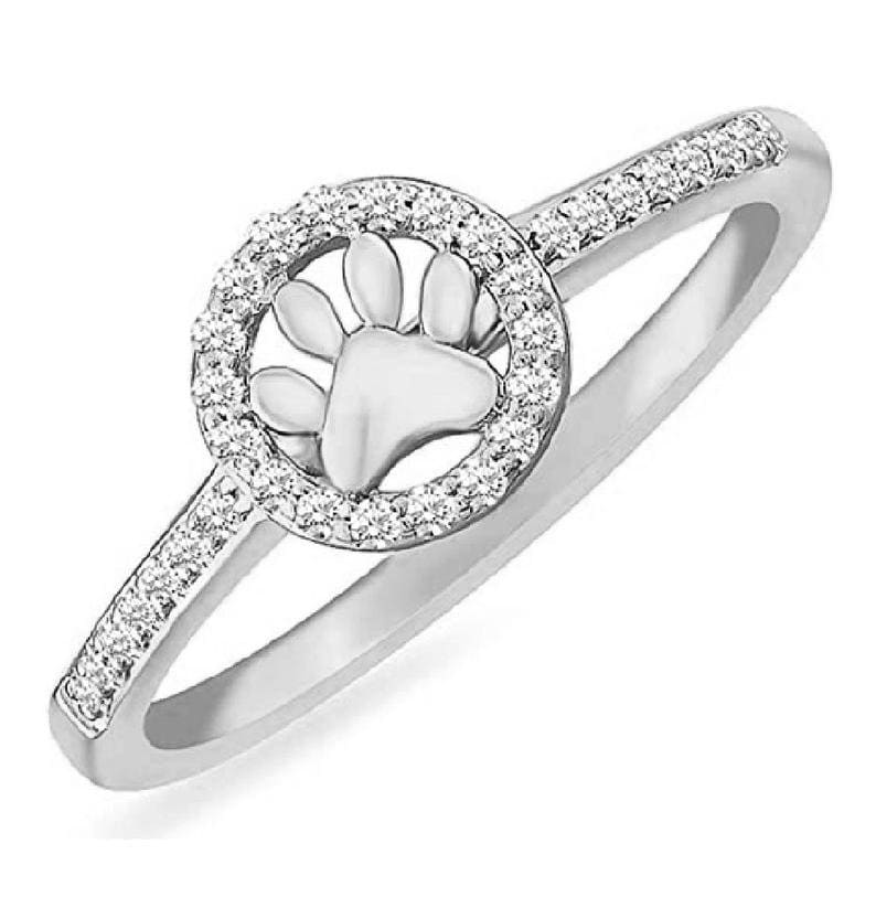 Animal Ring Round Cut Simulated Diamond Paw Print Ring in 14K Gold Plate Silver Pet Jewellery Paw Print Stacking Ring Pet Lovers Ring