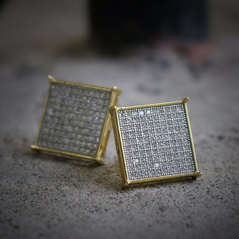 14K Yellow Gold Finish 925 Sterling Silver 2.00 Ct Simulated Diamond Square Shape Screw Back Stud Earrings